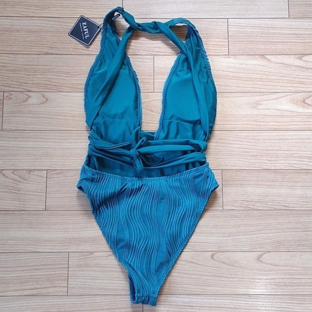 Zaful Teal Plunging Neckline Cross Tie Backless One Piece Swimsuit Size Small - Picture 4 of 11
